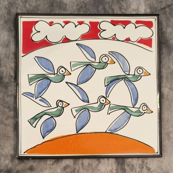 Ettore Style Ceramic Wall Art Tile With Birds & Clouds Design - Picture 1 of 5
